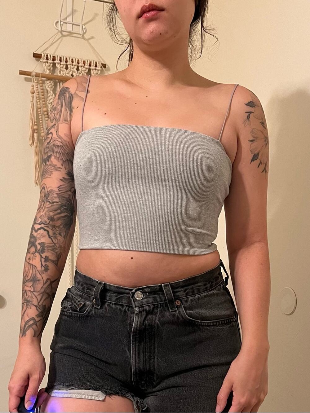 Grey Ribbed Cropped Spaghetti-Strap Tank Top